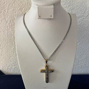 24"Stainless Steel  Necklace Silver Plated Cross Pendant Gold & Silver